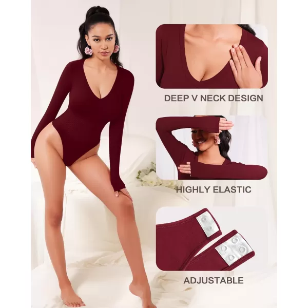 MANGOPOP Deep V Neck Shapewear Bodysuits Thong Tummy Control Long Sleeve Bodysuit for Women Ribbed SeamlessBurgundy