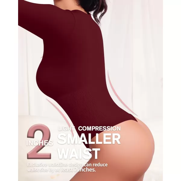 MANGOPOP Deep V Neck Shapewear Bodysuits Thong Tummy Control Long Sleeve Bodysuit for Women Ribbed SeamlessBurgundy