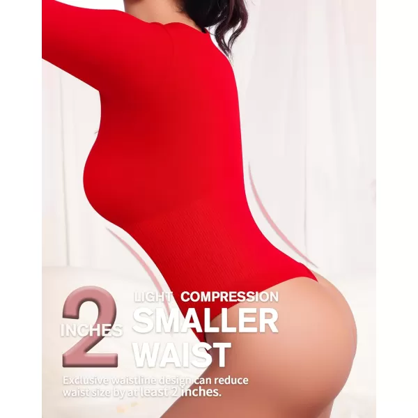 MANGOPOP Deep V Neck Shapewear Bodysuits Thong Tummy Control Long Sleeve Bodysuit for Women Ribbed SeamlessRed