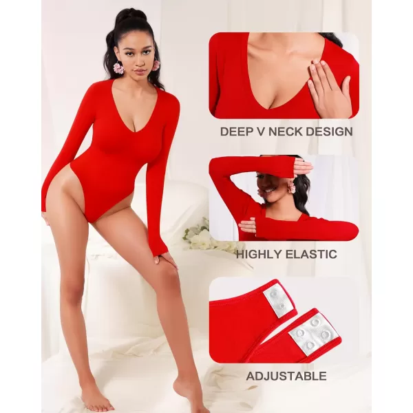 MANGOPOP Deep V Neck Shapewear Bodysuits Thong Tummy Control Long Sleeve Bodysuit for Women Ribbed SeamlessRed