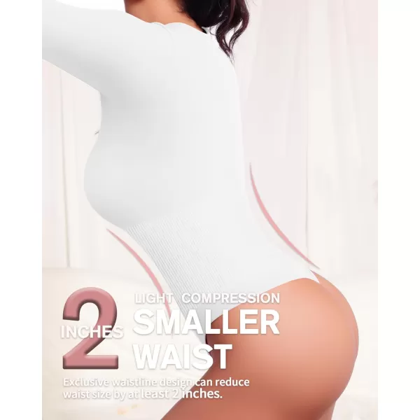 MANGOPOP Deep V Neck Shapewear Bodysuits Thong Tummy Control Long Sleeve Bodysuit for Women Ribbed SeamlessWhite