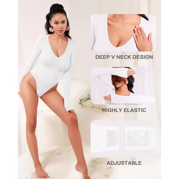 MANGOPOP Deep V Neck Shapewear Bodysuits Thong Tummy Control Long Sleeve Bodysuit for Women Ribbed SeamlessWhite