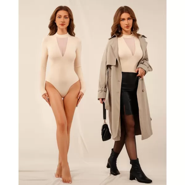 MANGOPOP Long Sleeve Body Suit Mock TurtleNeck Bodysuit for Women Mesh Deep V Bodysuit TopsNude