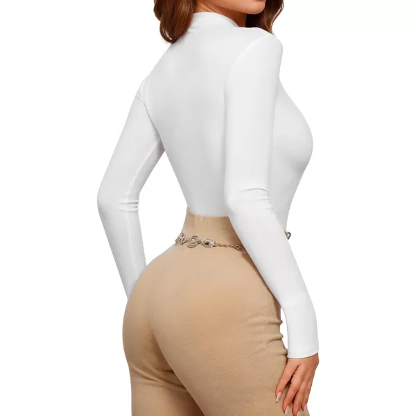 MANGOPOP Long Sleeve Body Suit Mock TurtleNeck Bodysuit for Women Mesh Deep V Bodysuit TopsWhite