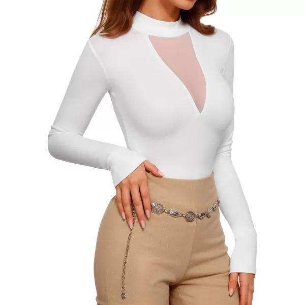 MANGOPOP Long Sleeve Body Suit Mock TurtleNeck Bodysuit for Women Mesh Deep V Bodysuit TopsWhite