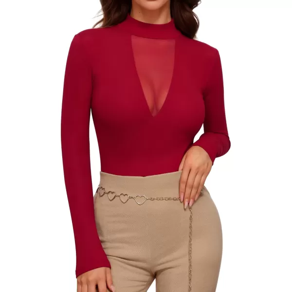 MANGOPOP Long Sleeve Body Suit Mock TurtleNeck Bodysuit for Women Mesh Deep V Bodysuit TopsWine Red