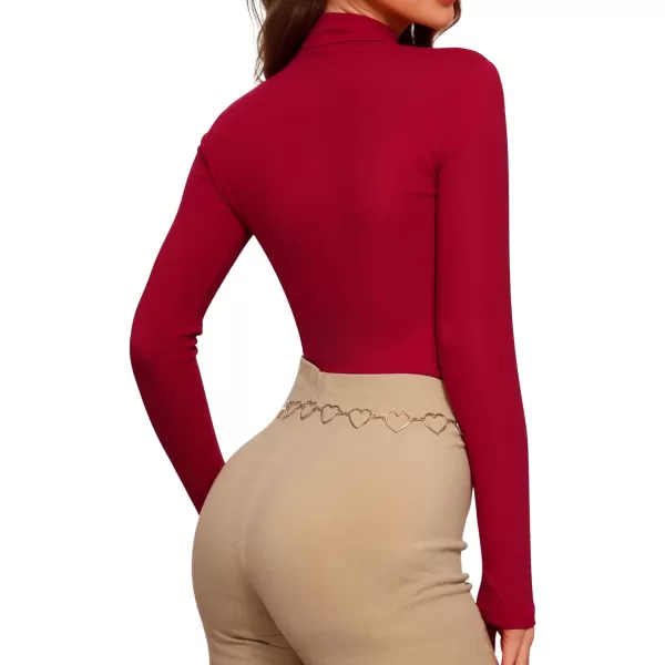 MANGOPOP Long Sleeve Body Suit Mock TurtleNeck Bodysuit for Women Mesh Deep V Bodysuit TopsWine Red