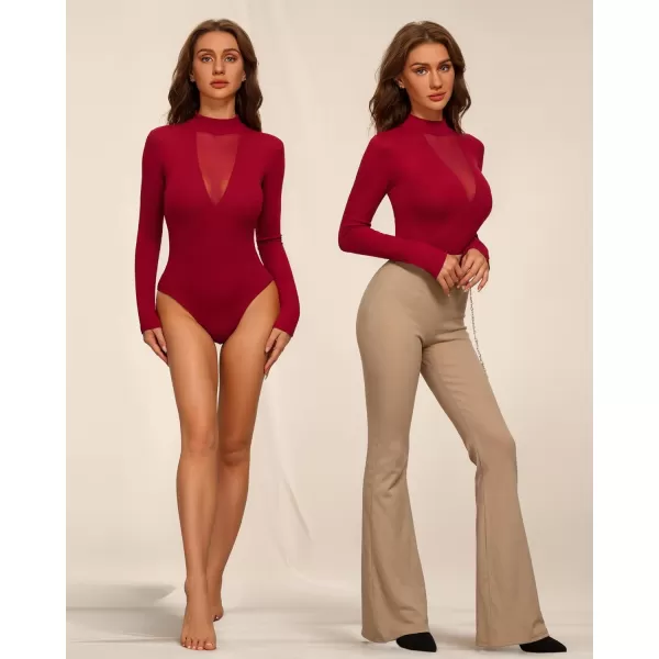 MANGOPOP Long Sleeve Body Suit Mock TurtleNeck Bodysuit for Women Mesh Deep V Bodysuit TopsWine Red