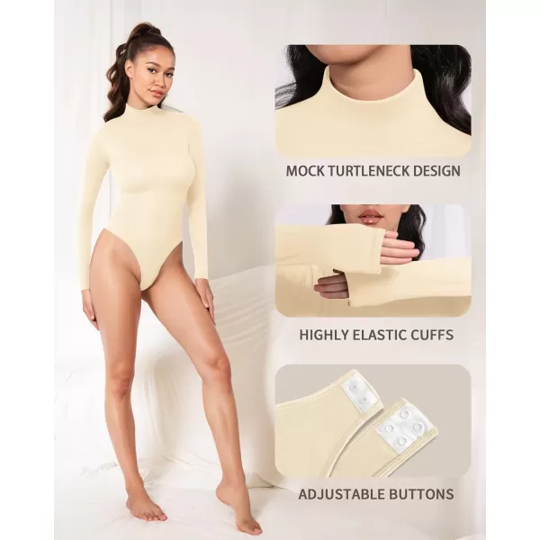 MANGOPOP Mock Turtleneck Long Sleeve Bodysuit Thong Shapewear Tummy Control Ribbed SeamlessBeige