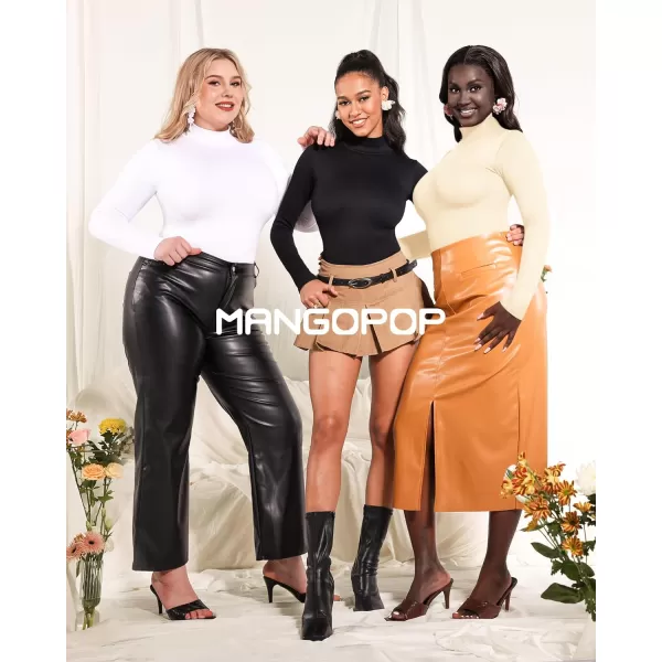 MANGOPOP Mock Turtleneck Long Sleeve Bodysuit Thong Shapewear Tummy Control Ribbed SeamlessBeige