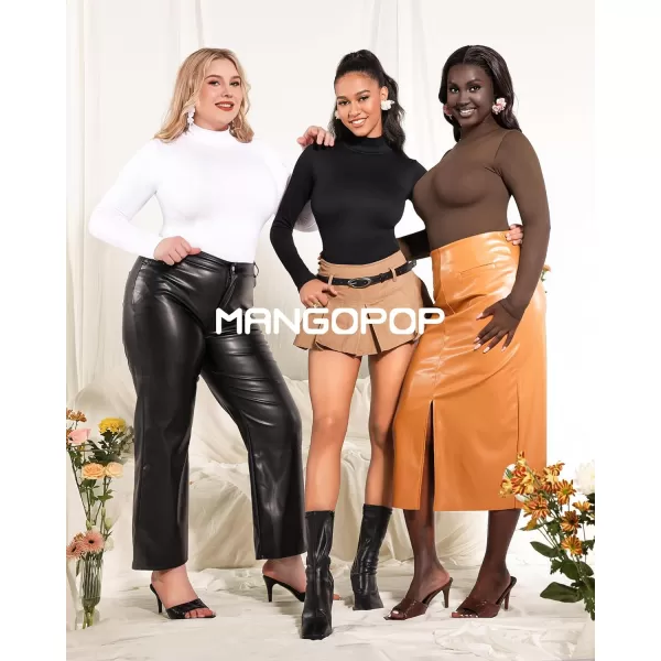 MANGOPOP Mock Turtleneck Long Sleeve Bodysuit Thong Shapewear Tummy Control Ribbed SeamlessBlack