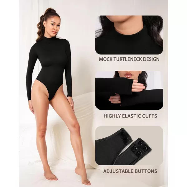 MANGOPOP Mock Turtleneck Long Sleeve Bodysuit Thong Shapewear Tummy Control Ribbed SeamlessBlack