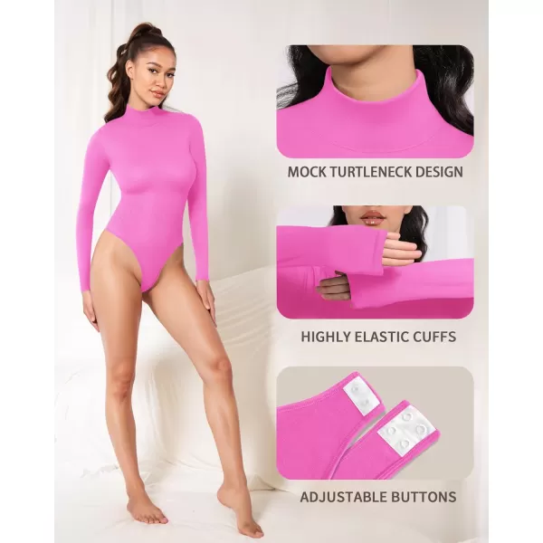 MANGOPOP Mock Turtleneck Long Sleeve Bodysuit Thong Shapewear Tummy Control Ribbed SeamlessBlush