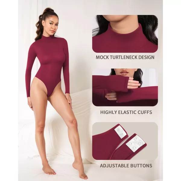 MANGOPOP Mock Turtleneck Long Sleeve Bodysuit Thong Shapewear Tummy Control Ribbed SeamlessBurgundy