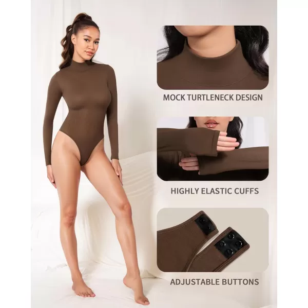 MANGOPOP Mock Turtleneck Long Sleeve Bodysuit Thong Shapewear Tummy Control Ribbed SeamlessCoffee