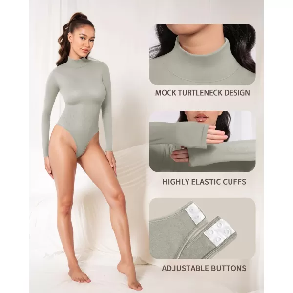 MANGOPOP Mock Turtleneck Long Sleeve Bodysuit Thong Shapewear Tummy Control Ribbed SeamlessElephant Grey