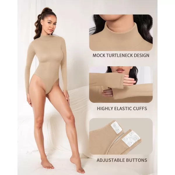 MANGOPOP Mock Turtleneck Long Sleeve Bodysuit Thong Shapewear Tummy Control Ribbed SeamlessLight Camel