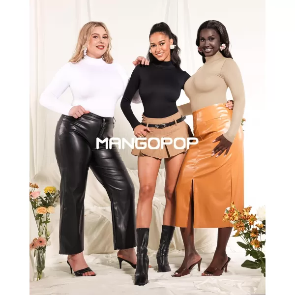 MANGOPOP Mock Turtleneck Long Sleeve Bodysuit Thong Shapewear Tummy Control Ribbed SeamlessLight Camel