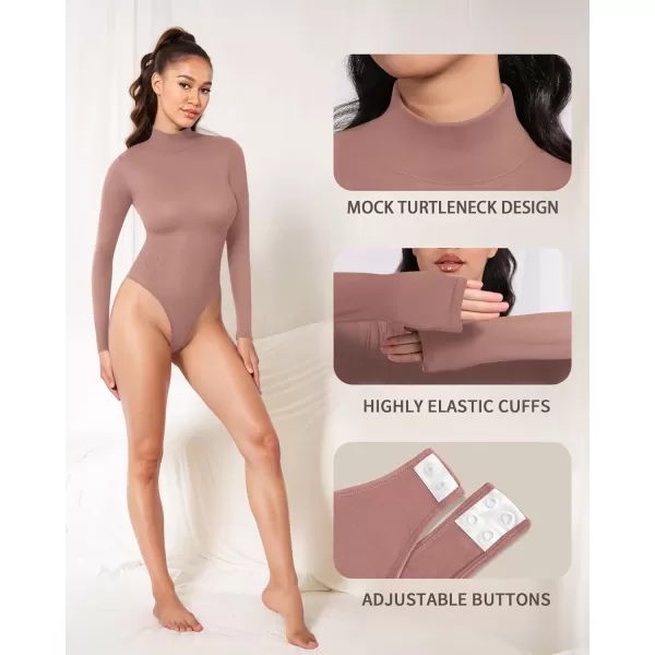 MANGOPOP Mock Turtleneck Long Sleeve Bodysuit Thong Shapewear Tummy Control Ribbed SeamlessMarsala