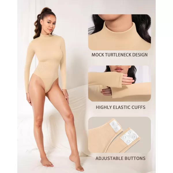 MANGOPOP Mock Turtleneck Long Sleeve Bodysuit Thong Shapewear Tummy Control Ribbed SeamlessNude