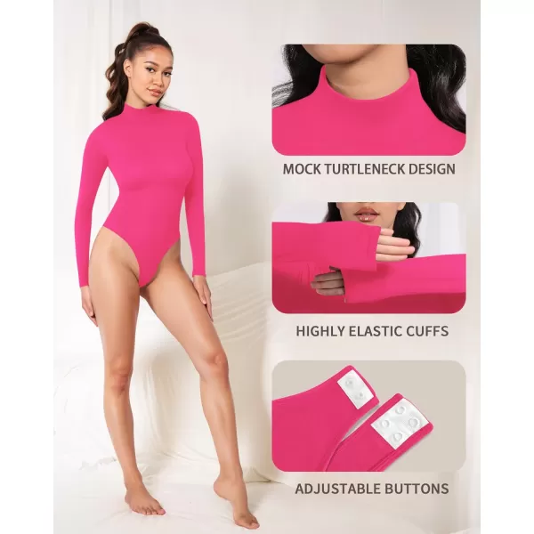 MANGOPOP Mock Turtleneck Long Sleeve Bodysuit Thong Shapewear Tummy Control Ribbed SeamlessRose Pink