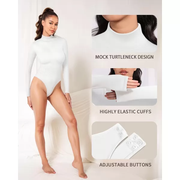 MANGOPOP Mock Turtleneck Long Sleeve Bodysuit Thong Shapewear Tummy Control Ribbed SeamlessWhite