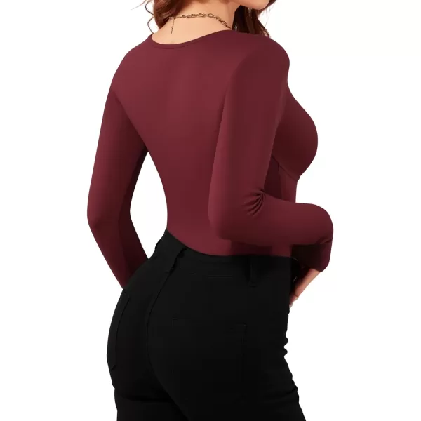 MANGOPOP Sexy Deep V Neck Body Suits for Womens Long Sleeve Bodysuit TopsBburgundy