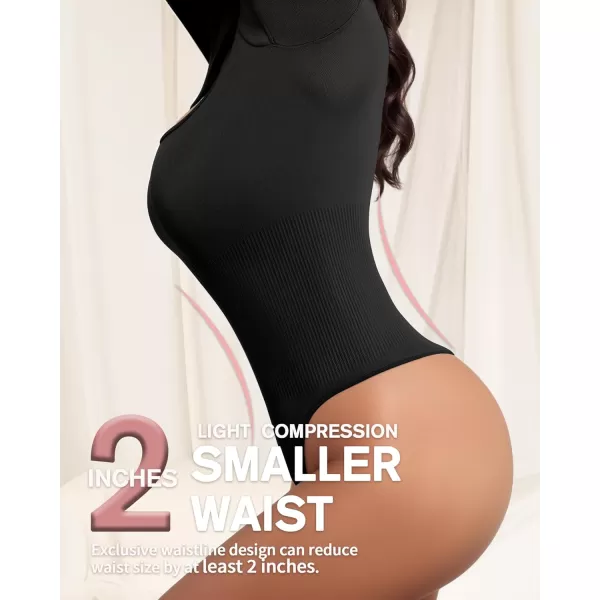 MANGOPOP Shapewear for Women Square Neck Long Sleeve Tummy Control Thong Bodysuit topA Black