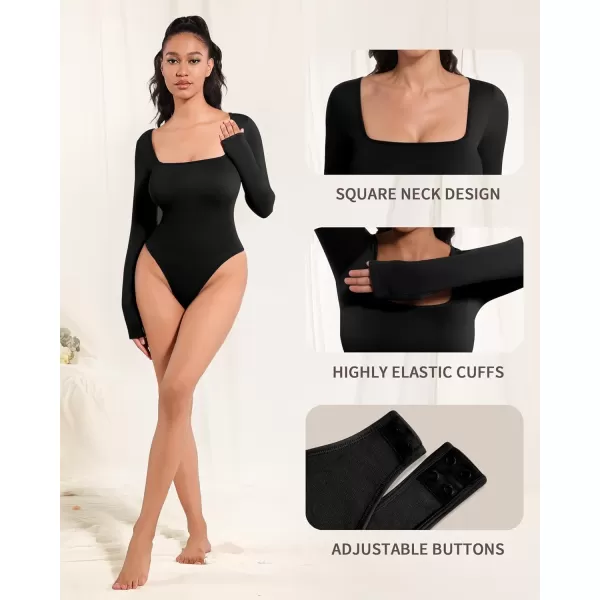 MANGOPOP Shapewear for Women Square Neck Long Sleeve Tummy Control Thong Bodysuit topA Black