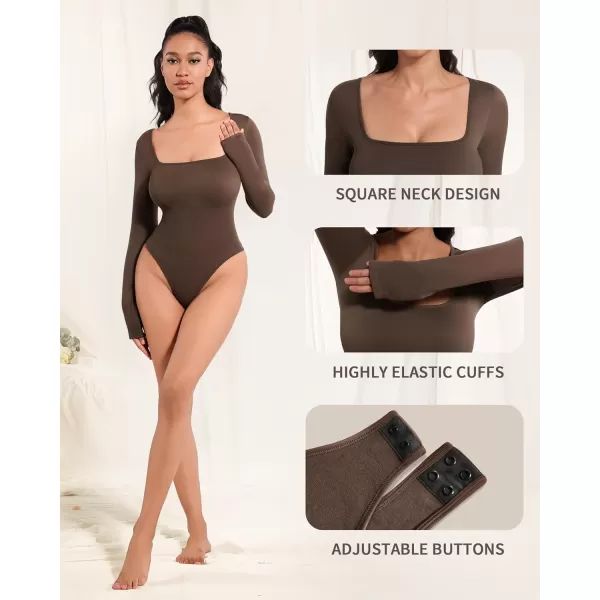 MANGOPOP Shapewear for Women Square Neck Long Sleeve Tummy Control Thong Bodysuit topA Coffee