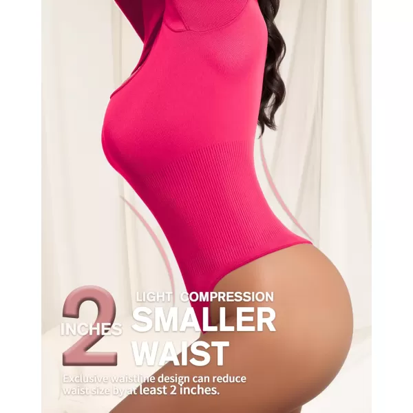 MANGOPOP Shapewear for Women Square Neck Long Sleeve Tummy Control Thong Bodysuit topA Rose Pink