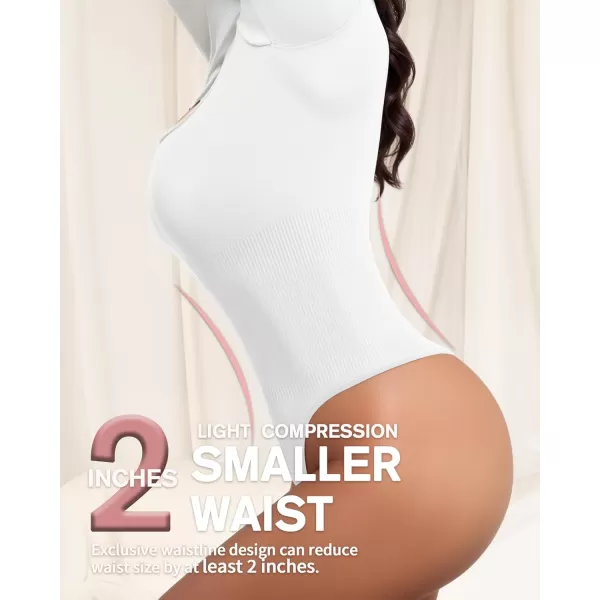 MANGOPOP Shapewear for Women Square Neck Long Sleeve Tummy Control Thong Bodysuit topA White