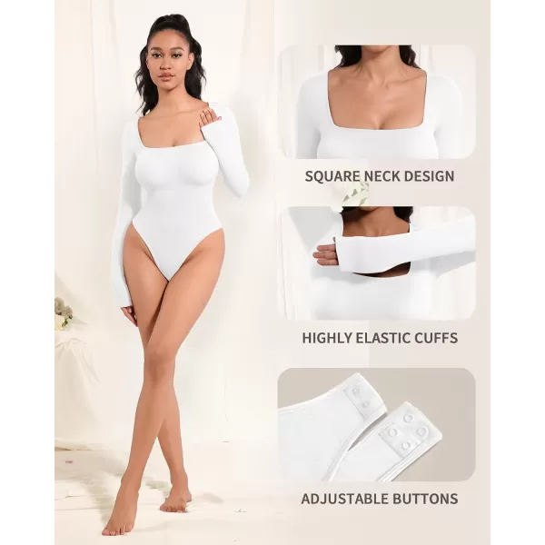 MANGOPOP Shapewear for Women Square Neck Long Sleeve Tummy Control Thong Bodysuit topA White