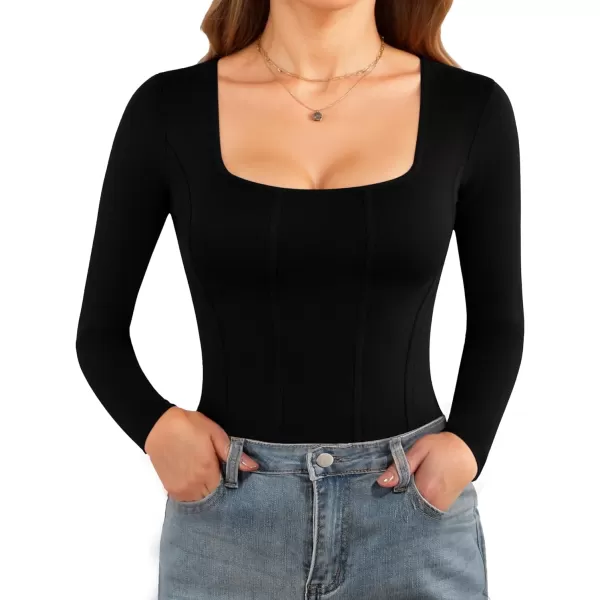 MANGOPOP Square Neck Body Suits for Womens Long Sleeve Black Bodysuit TopsLong Sleeve Black