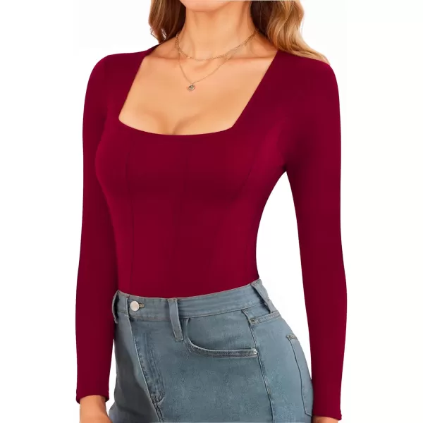 MANGOPOP Square Neck Body Suits for Womens Long Sleeve Black Bodysuit TopsLong Sleeve Burgundy