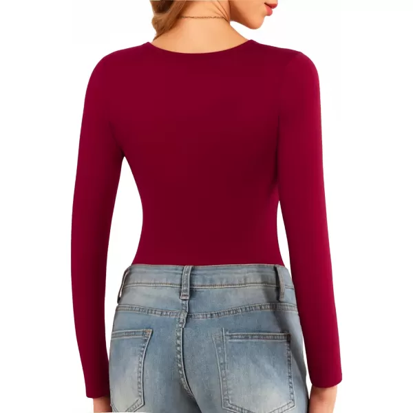 MANGOPOP Square Neck Body Suits for Womens Long Sleeve Black Bodysuit TopsLong Sleeve Burgundy