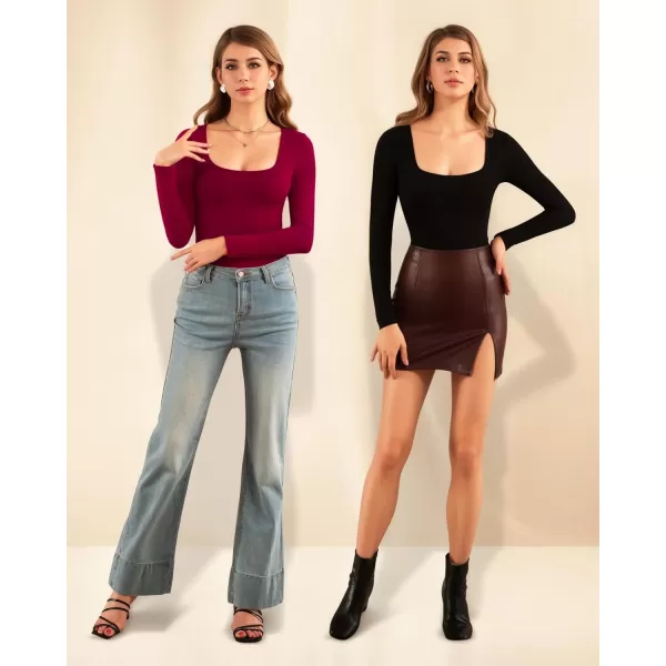 MANGOPOP Square Neck Body Suits for Womens Long Sleeve Black Bodysuit TopsLong Sleeve Burgundy