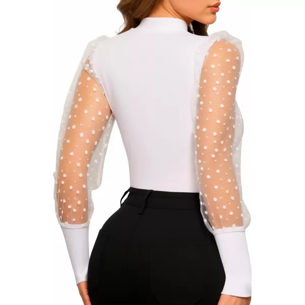 MANGOPOP Womens Mock Turtle Neck Body Suit Polka Dot Sheer Mesh Puff Long Sleeve Bodysuit Shirt TopsA Long Sleeve White