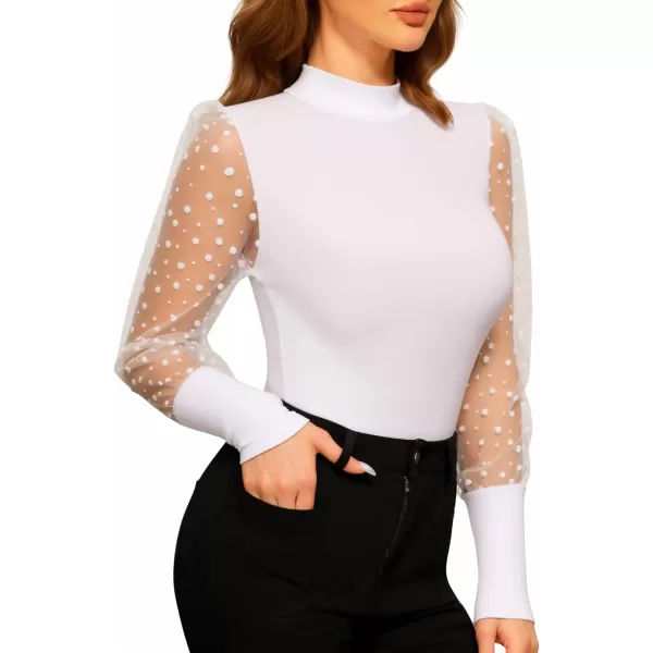 MANGOPOP Womens Mock Turtle Neck Body Suit Polka Dot Sheer Mesh Puff Long Sleeve Bodysuit Shirt TopsA Long Sleeve White