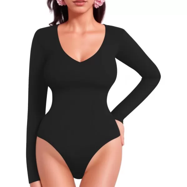 MANGOPOP Deep V Neck Shapewear Bodysuits Thong Tummy Control Long Sleeve Bodysuit for Women Ribbed SeamlessBlack