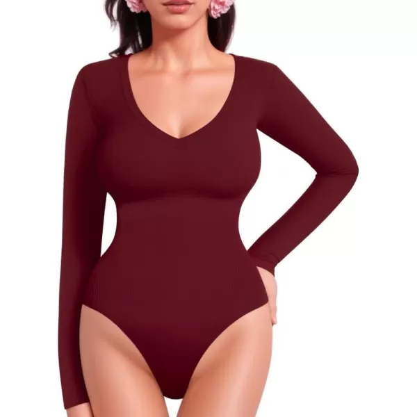 MANGOPOP Deep V Neck Shapewear Bodysuits Thong Tummy Control Long Sleeve Bodysuit for Women Ribbed SeamlessBurgundy