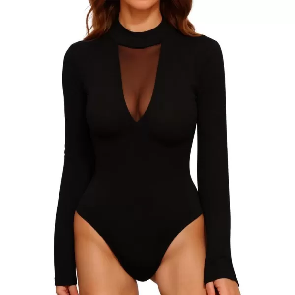 MANGOPOP Long Sleeve Body Suit Mock TurtleNeck Bodysuit for Women Mesh Deep V Bodysuit TopsBlack