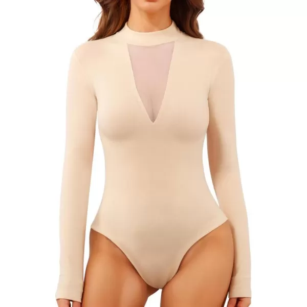 MANGOPOP Long Sleeve Body Suit Mock TurtleNeck Bodysuit for Women Mesh Deep V Bodysuit TopsNude