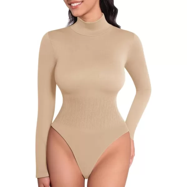 MANGOPOP Mock Turtleneck Long Sleeve Bodysuit Thong Shapewear Tummy Control Ribbed SeamlessLight Camel