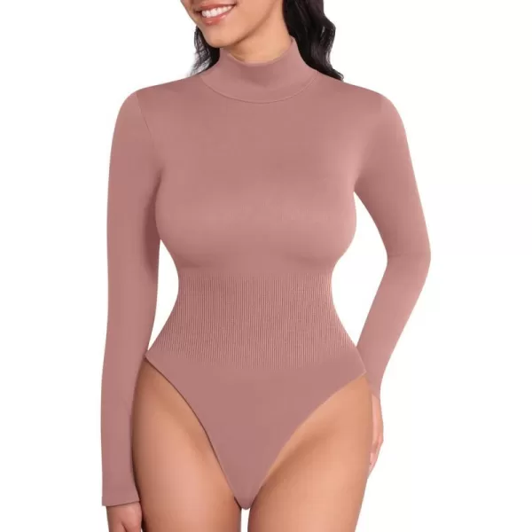 MANGOPOP Mock Turtleneck Long Sleeve Bodysuit Thong Shapewear Tummy Control Ribbed SeamlessMarsala