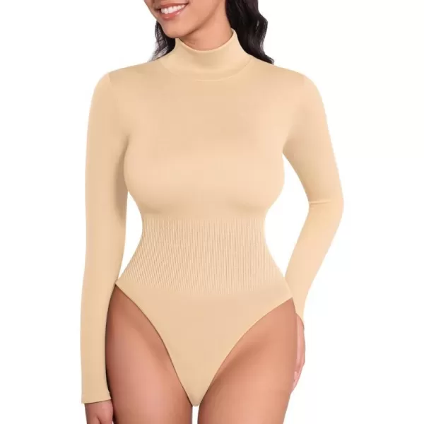 MANGOPOP Mock Turtleneck Long Sleeve Bodysuit Thong Shapewear Tummy Control Ribbed SeamlessNude