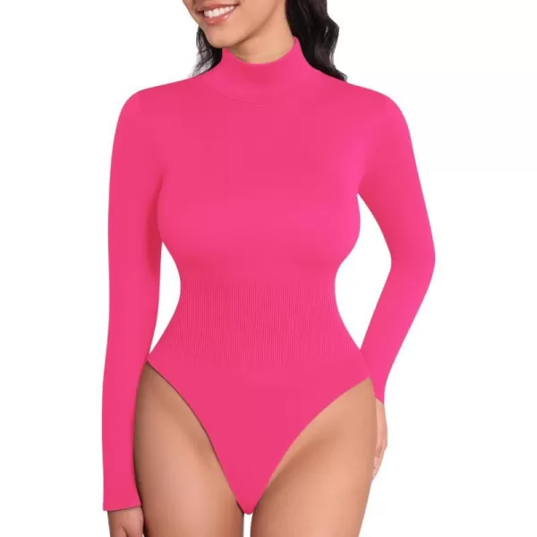 MANGOPOP Mock Turtleneck Long Sleeve Bodysuit Thong Shapewear Tummy Control Ribbed SeamlessRose Pink