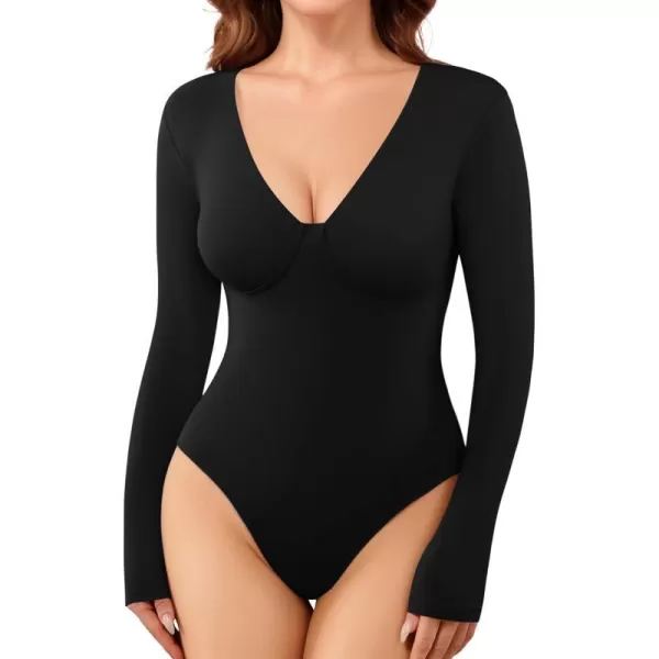 MANGOPOP Sexy Deep V Neck Body Suits for Womens Long Sleeve Bodysuit TopsAblack