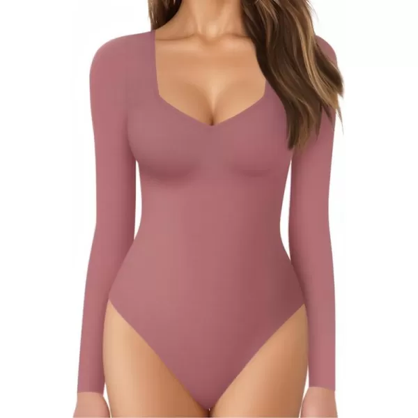 MANGOPOP Sweetheart V Neck Bodysuit for Women Short Sleeve Long Sleeve Body Suits TopsLong Sleeve Marsala