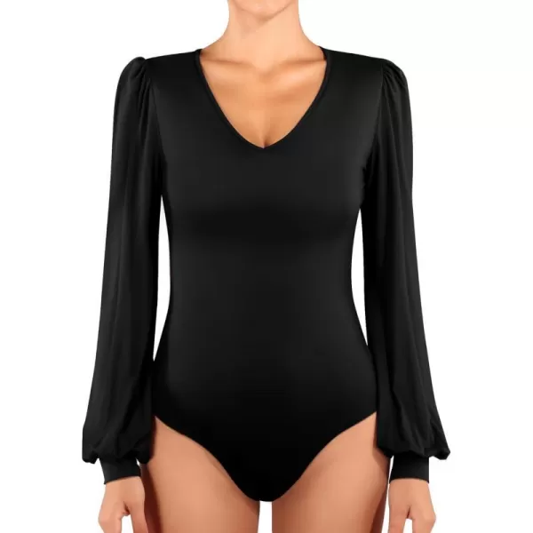 MANGOPOP Womens Bodysuit Long Sleeve V Neck Body Suit for Women Puff Sleeve Ribbed Bodysuits ShirtsBlack